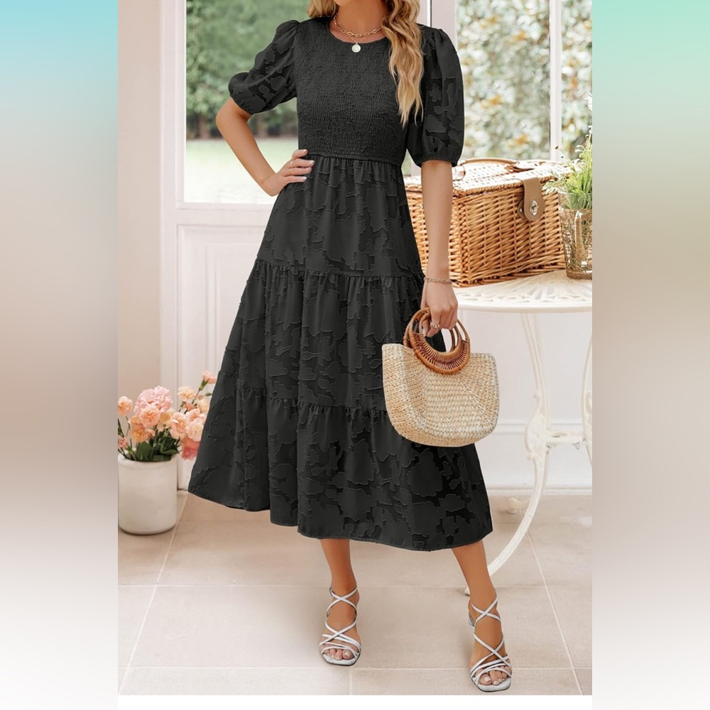 Short Puff Sleeve Crewneck Smocked Floral Lace Flowy A Line Tiered Maxi Dresses